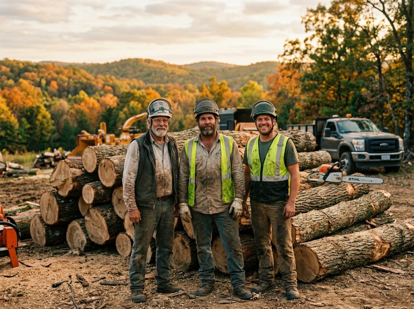 Tree service crew beside fresh-cut oak logs at golden hour