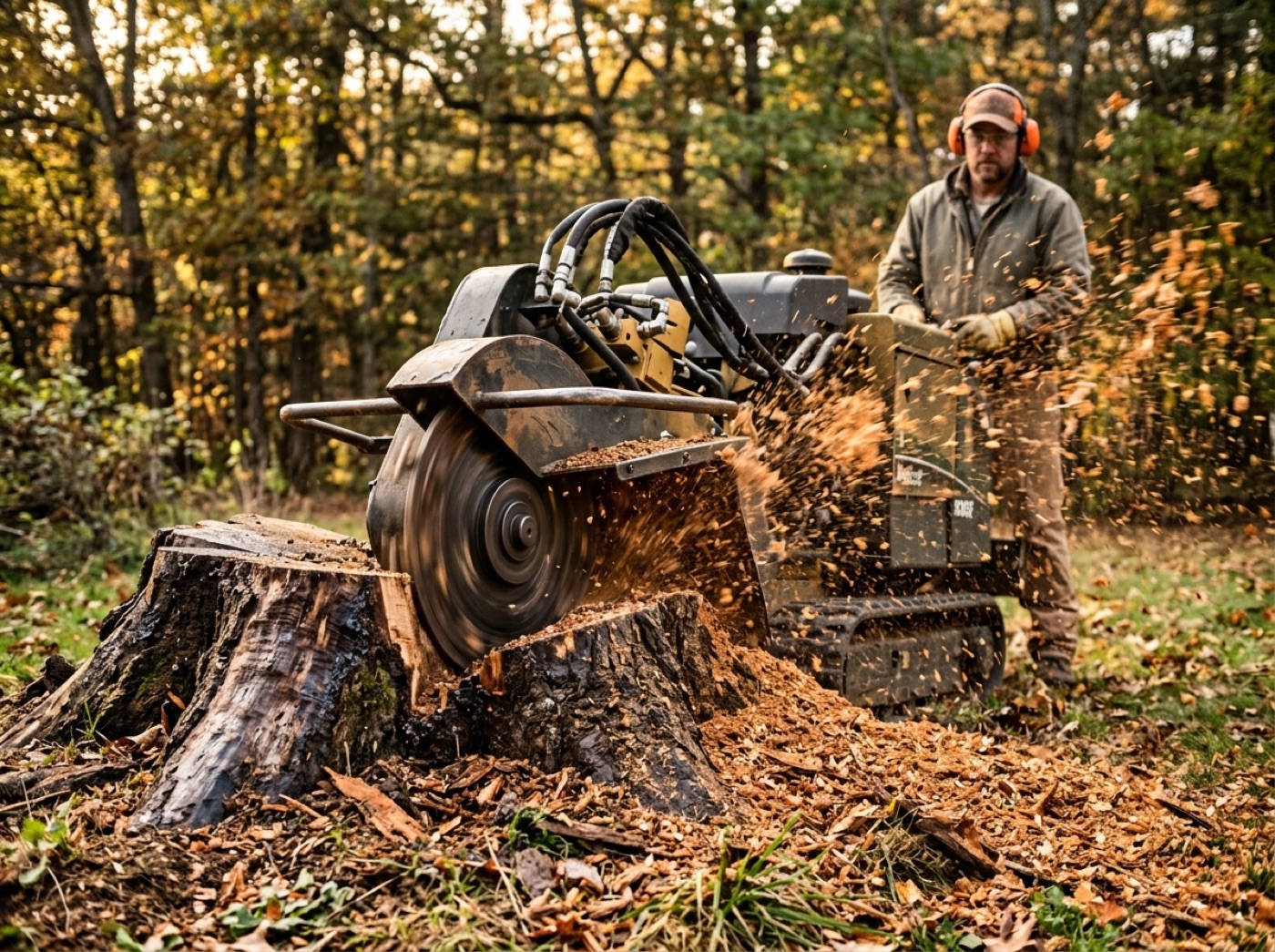 Stump grinder working through a large oak stump