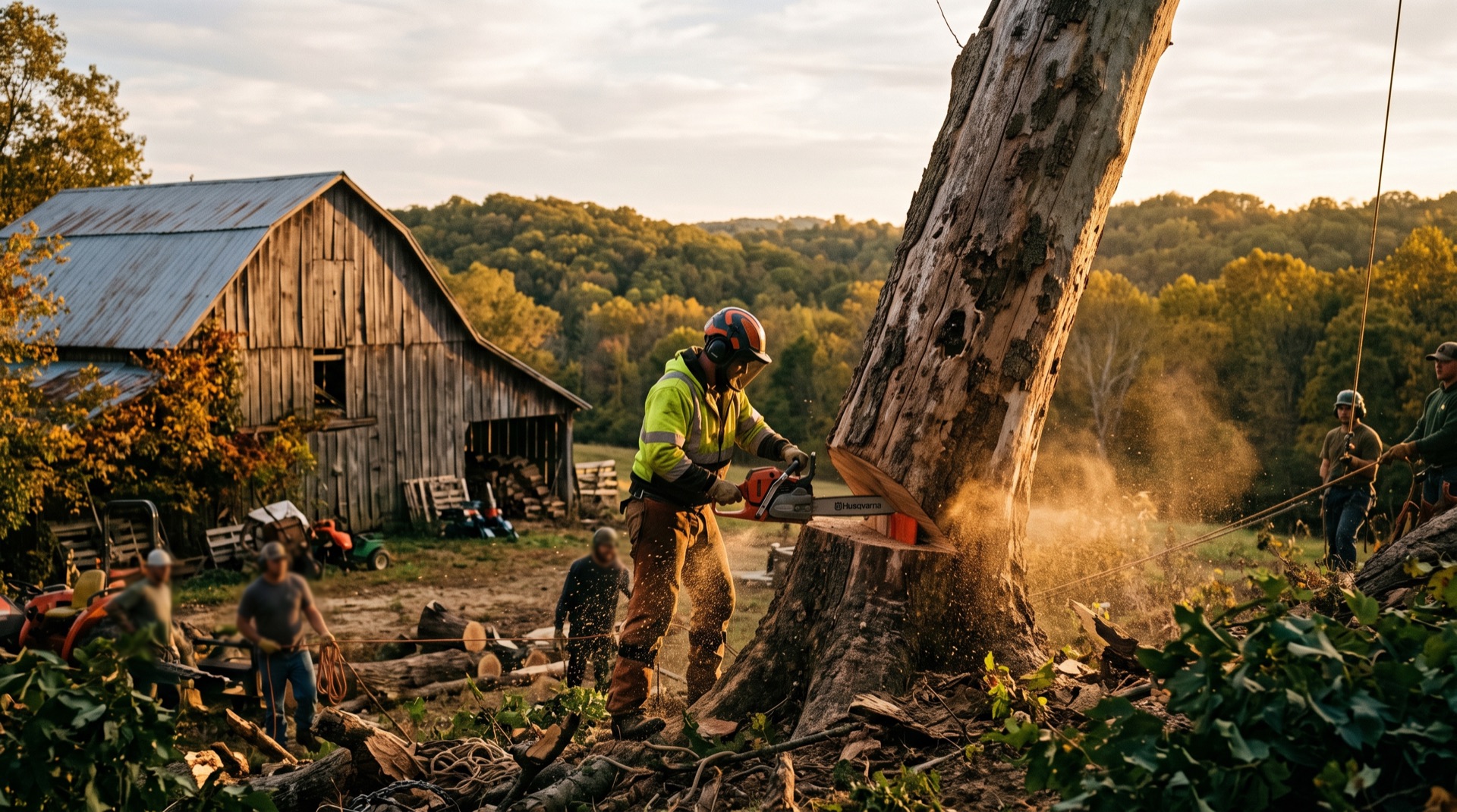 Tree crew removing a large tree in the Ozarks countryside