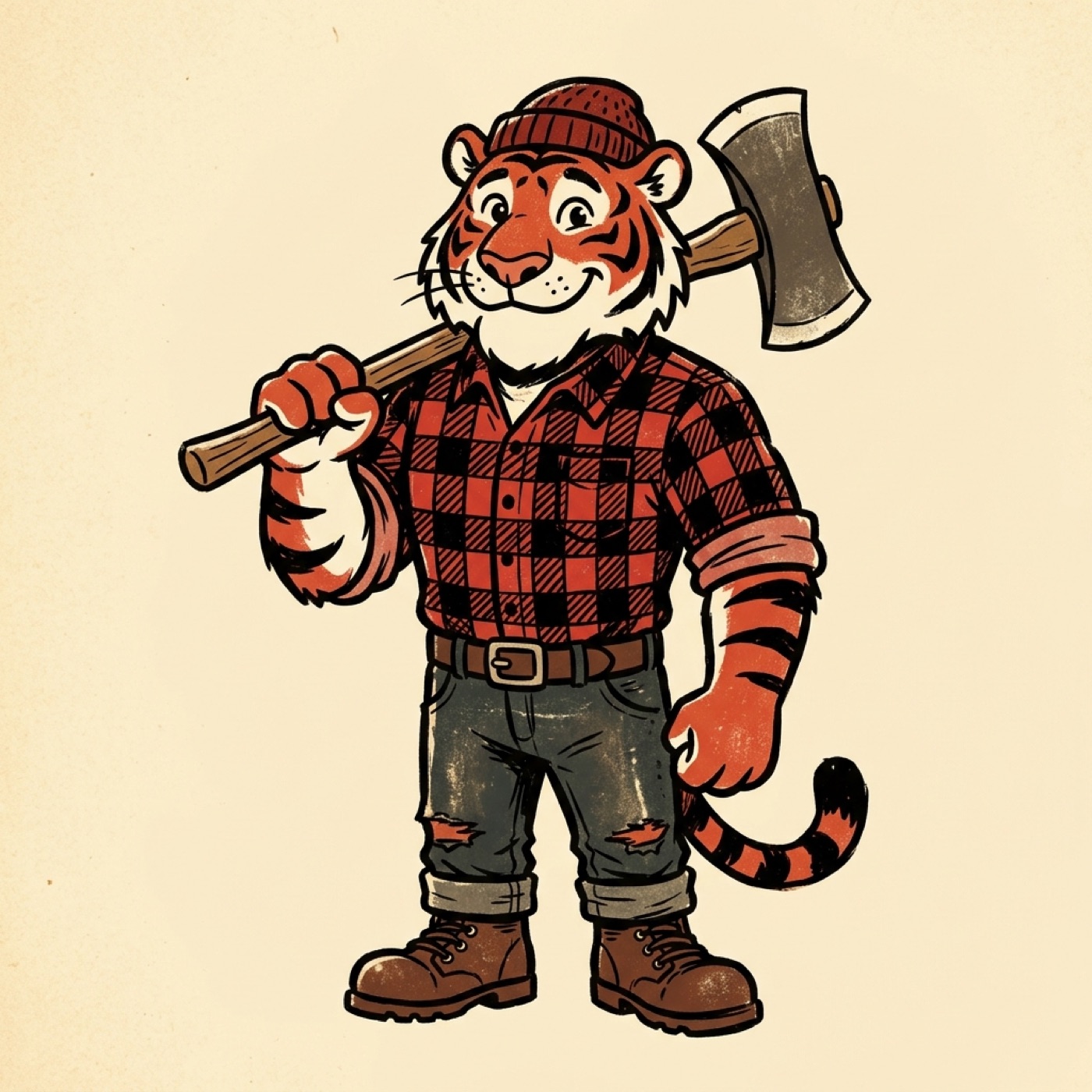 Ozark Tree Removal's friendly red tiger lumberjack mascot
